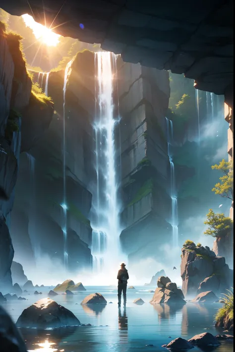 Shadow man, distant, under a waterfall, rocks around the waterfall, reflections of the sun ,((work of art)), ((image from afar)), ((expansive image)). 4K, ((high quality)), ((very beautiful environment))