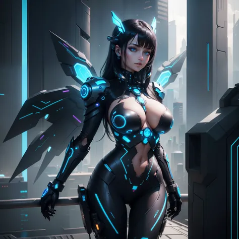 The most beautiful futuristic girl, black hair, blue eyes, detailed mechanical armor, mechanical wings, neon halo, huge nude tits exposed, tattoos and piercings, in a futuristic cyber city, high quality, high resolution