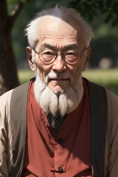 An elderly Chinese sage, com uma longa barba, Cabelos Longos, vestido com roupas de monge, looking directly at camera lens, olhar penetrante encarando, rosto altamente detalhado, fotografia, lente telefoto 100mm, com foco no enquadramento da figura central...