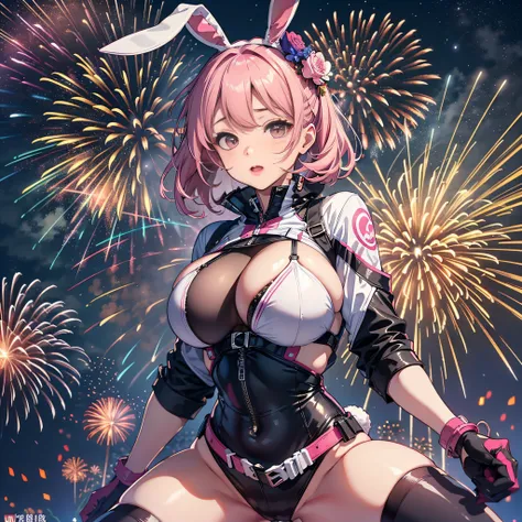 Cute sexy girl, Pink hair, A bunny girl, Ultra photo realsisim, Detailed lighting, anime big breast, possessed ，the night，Fireworks explode in the sky , The fireworks are huge，Spectacular fireworks display.