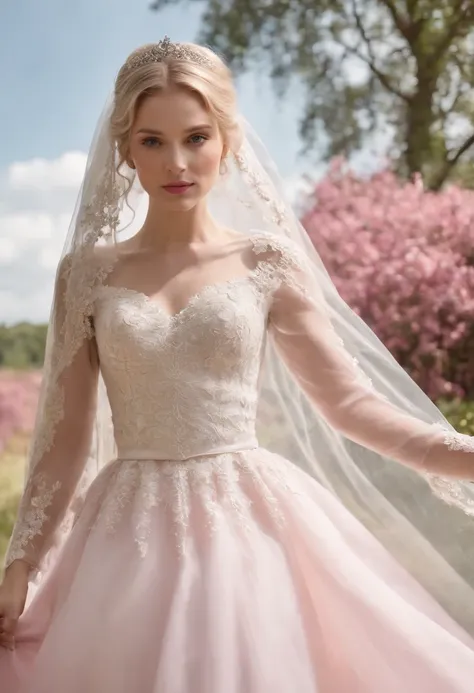 (Full body photograph of 1 blonde girl dressed as a bride with large transparent veil and pink color dress + suave e delicado + cabelos loiros)+(Vestido longo em cores brilhantes, Luz brilhante, Cabelo loiro longo e liso + Olhos brilhantes e acolhedores)+(...