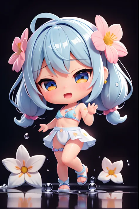 photoRealstic、Doll standing in front of the painting（nendroid）、Water droplets on the cheeks、Happy singing face、Close one eye、Sengai、pixiv、rokoko、dollfie dream、watercolor Nendoroid、(High Definition Figure)、Flowing iridescent silk、up of face、Eye Up、Bikini sw...