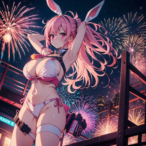 Cute sexy girl, Pink hair, A bunny girl, Ultra photo realsisim, Detailed lighting, anime big breast, possessed  ，the night，Fireworks explode in the sky , The fireworks are huge，Spectacular fireworks display.