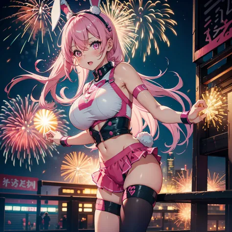 Cute sexy girl, Pink hair, A bunny girl, Ultra photo realsisim, Detailed lighting, anime big breast, possessed  ，the night，Fireworks explode in the sky , The fireworks are huge，Spectacular fireworks display.