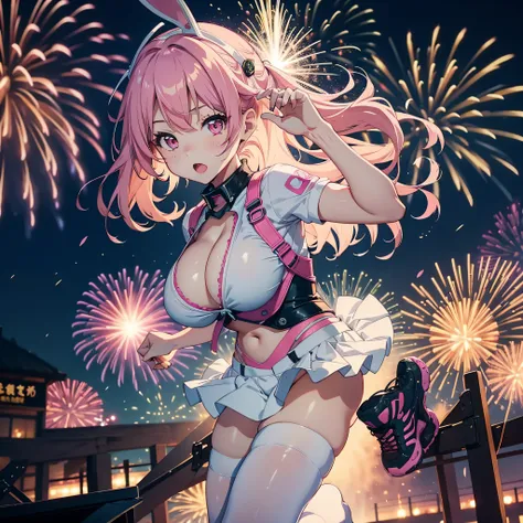 Cute sexy girl, Pink hair, A bunny girl, Ultra photo realsisim, Detailed lighting, anime big breast, possessed  ，the night，Fireworks explode in the sky , The fireworks are huge，Spectacular fireworks display.