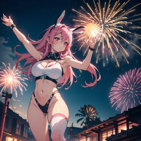 Cute sexy girl, Pink hair, A bunny girl, Ultra photo realsisim, Detailed lighting, anime big breast, possessed  ，the night，Fireworks explode in the sky , The fireworks are huge，Spectacular fireworks display.