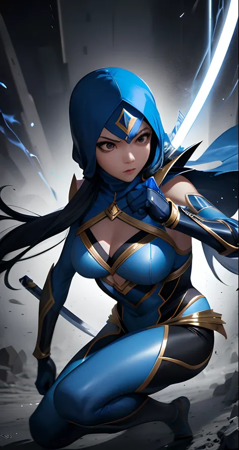 Compose a striking photography artwork featuring a Malay girl in hijab dressed as a superhero, blue superhero costume, wielding a blade as her weapon, caught in an intense and dynamic fighting action pose. Utilize dramatic lighting and high-speed photograp...