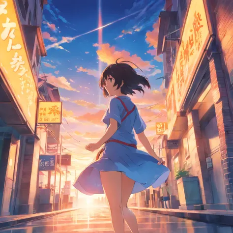 obra maestra, mejor calidad, Still film, 1人の女の子, Cloud Girl, flotando en el cielo, primer plano, brillante, feliz, super long hair, soft warm lighting, puesta de sol (chispas: 0,7)