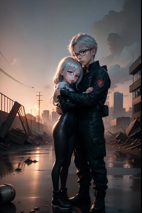 masutepiece、超A high resolution、Powerful images、8K、Ruined cityscape、In the flames of war、Young man hugs little 7 year old girl、Walk、Young man with silver hair and glasses、Black bodysuit、Looks tired、The feeling of being somehow saved is real、ultra-detailed r...