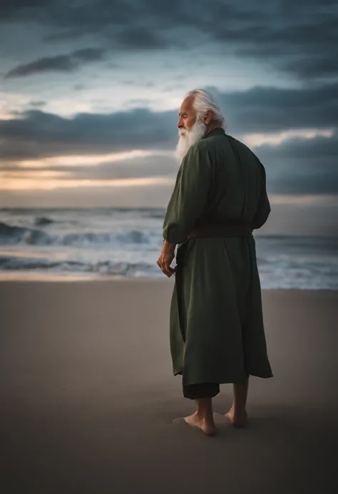 A sage, Resilient man with white hair and beard on beach tells a story .Miki Asai Fotografia, altamente detalhado, trending on ArtStation, foco nítido, Studio shot, detalhes intrincados, altamente detalhado, Directed by: Greg Rutkowski