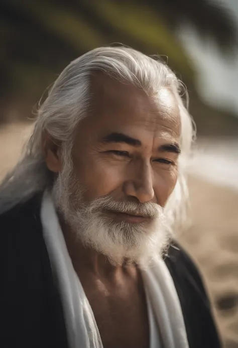 A sage, Resilient man with white hair and beard on beach tells a story .Miki Asai Fotografia, altamente detalhado, trending on ArtStation, foco nítido, Studio shot, detalhes intrincados, altamente detalhado, Directed by: Greg Rutkowski