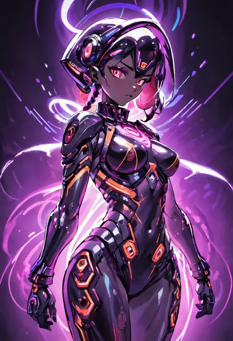 (female Protogen),cyberpunk,mechanical,glowing eyes,metallic surface,digital display,advanced technology,futuristic,neon lights,electromagnetic field,sharp edges,streamlined design,digital organism,biomechanical,mysterious atmosphere,glass visor,enhanced s...