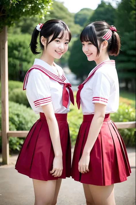 2 girls walking in old-Japan shrine,dark red and white sailor school uniform with high waist dark red skirt,small ribbon bow on hair,18-year-old,bangs,a little smiles,thighs,poneytail,short cut hair,from below