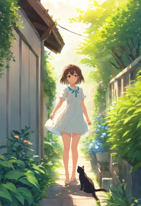 Anime girl in white dress standing in garden with cat, Hang the laundry outside to dry，loli in dress, small curvaceous loli, Guviz-style artwork, Guweiz in Pixiv ArtStation, Guweiz on ArtStation Pixiv, Guviz, small loli girl, Soft anime illustration, Anime...