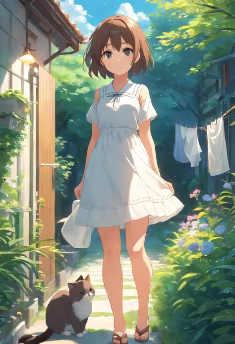 Anime girl in white dress standing in garden with cat, Hang the laundry outside to dry，loli in dress, small curvaceous loli, Guviz-style artwork, Guweiz in Pixiv ArtStation, Guweiz on ArtStation Pixiv, Guviz, small loli girl, Soft anime illustration, Anime...