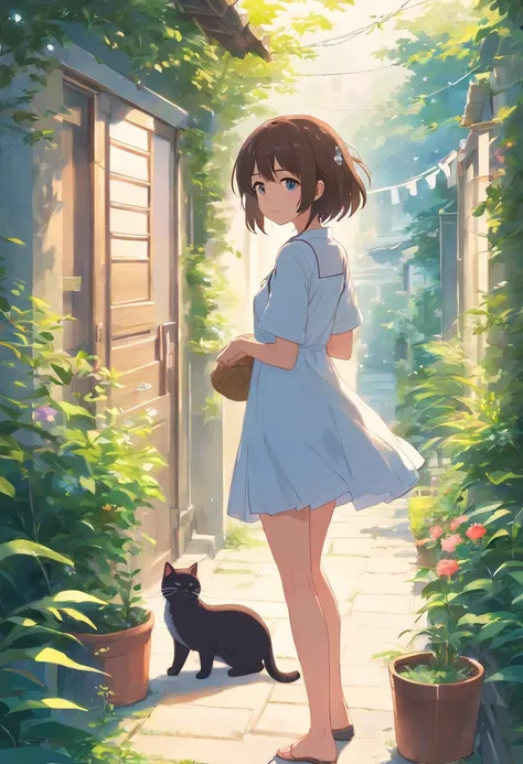 Anime girl in white dress standing in garden with cat, Hang the laundry outside to dry，loli in dress, small curvaceous loli, Guviz-style artwork, Guweiz in Pixiv ArtStation, Guweiz on ArtStation Pixiv, Guviz, small loli girl, Soft anime illustration, Anime...