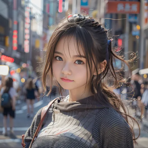 女の子1人、on tokyo street、A city scape、The upper part of the body、a closeup、A smile、、(8K、Raw photography、top-quality、​masterpiece:1.2)、(realisitic、photoRealstic:1.37)、Highly detailed eyelash drawing、(((Top image quality))),Colossal tits、Fine skin, (Beautiful h...