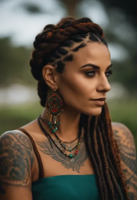 mulher branca com o rosto tatuado, with hair with Rastafarian braids, tatuagem no rosto