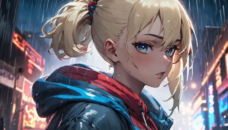 Closeup photograph, confident young cyberpunk woman with blonde and white hair in a bun, wearing a hoodie with red and blue designs on it, in a rain soaked street at night, photorealistic, cinematic lighting