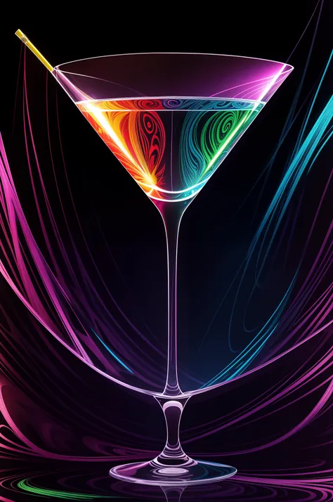 Crystal martini glass filled with alcohol, flowers in the background, Georgia OKeeffe style, abstract glowing flowing wavy lines on dark colorful background, ultra hd, realistic, vivid colors, highly detailed, UHD drawing, pen and ink, perfect composition