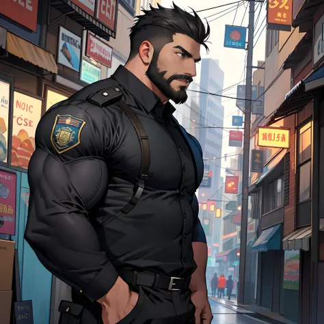 Best quality, masterpiece, super high resolution, detailed background, realistic, illustration, single, 1 boy, muscle man, beard, swat, street, muscular, facial hair, volumetric lighting, depth of field,black clothes