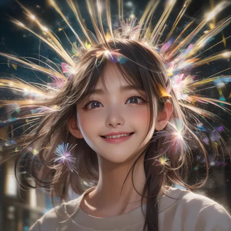 Brilliant fireworks、Brilliant fireworks、Close up of smiling looking up、close-up of the smile face、Japan WAFUKU、(realisitic、hight resolution)、(1 girl in)、Do-Up Eye、Korean Girl、(Best Quality), (masutepiece), (1girl in), Solo, a beauty girl, Perfect face, dre...