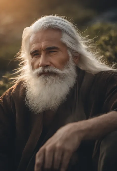 A sage, Resilient man with white hair and beard on beach tells a story .Miki Asai Fotografia, altamente detalhado, trending on ArtStation, foco nítido, Studio shot, detalhes intrincados, altamente detalhado, Directed by: Greg Rutkowski