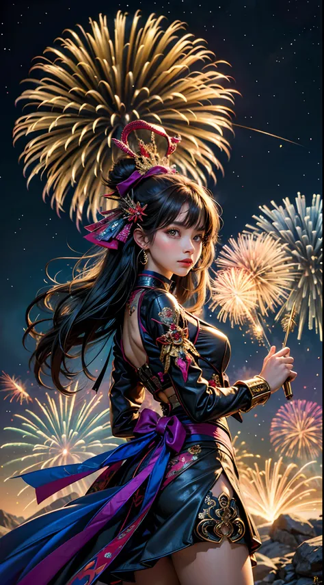 （tmasterpiece，top Quority，best qualtiy，offcial art，Beauty and aesthetics：1.2），（1girl），Extremely detailed，（s fractal art：1.3），extremely colorful，Most detailed，Fireworks explode in the sky , The fireworks are huge，Spectacular fireworks display.