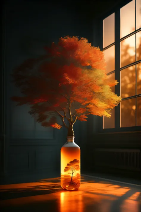 A dreamy tree of art in a bottle, fluffy, realistic, photographs, Canon, dreamy, artistic, brilliant leaves and branches, with flowers above my head. Greg Rutkowskis Ultra Detailed Photo Realism - H1024W 804 | F16 Lens Markers 2:2S 3555mm Film Particles: 1...