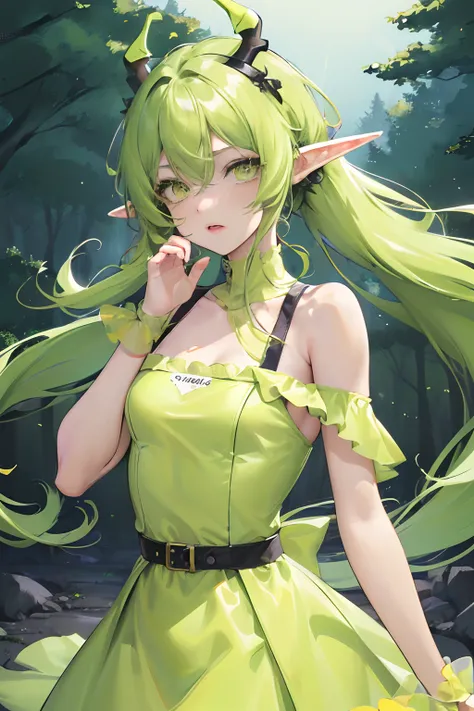 (masterpiece), top quality, super high resolution, cute facial features, flat design, yellow theme, lime green hair, sharingan eyes, (sleepy eyes: 1.1), (cute yellow night dress), cute, one hand on face, animating on an ipad disheveled long hair, green hai...