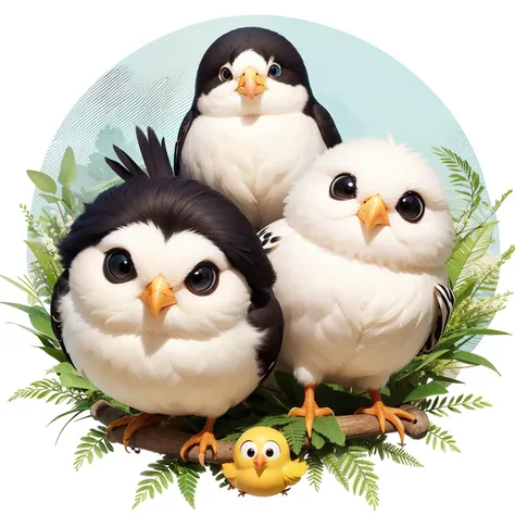 Striped、One bird、birdie、Whole body white tori、round head、Round body、Round character design、illustratio、friendly、adorable eyes、fluffy plumage