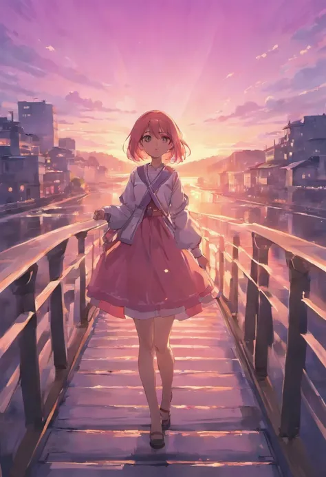 A beautiful girl standing on a bridge, pink sky, country side, river flowing below the bridge