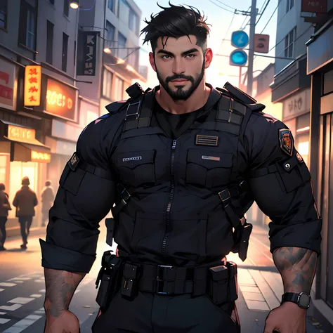 Best quality, masterpiece, super high resolution, detailed background, realistic, illustration, single, 1 boy, muscle man, beard, swat, street, muscular, facial hair, volumetric lighting, depth of field,black clothes