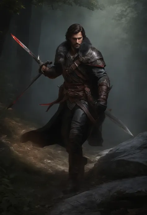 (best quality,high-res,masterpiece:1.2),ultra-detailed,realistic,serious expression,brunette hair,red eyes,masculine,monster hunter style,handheld sword,rugged,high cheekbones,bulky build,scruffy beard,daring posture,dark atmosphere,dark background,strong ...