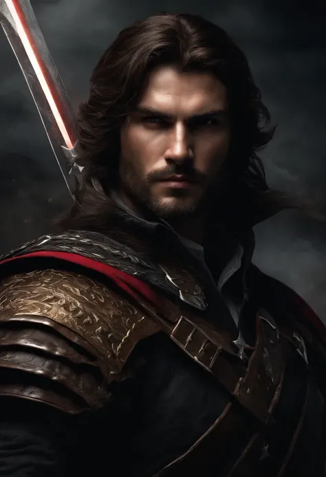 (best quality,high-res,masterpiece:1.2),ultra-detailed,realistic,serious expression,brunette hair,red eyes,masculine,monster hunter style,handheld sword,rugged,high cheekbones,bulky build,scruffy beard,daring posture,dark atmosphere,dark background,strong ...