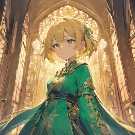 (Image quality is great，High Quality Illustrations，Highly detailed CG Unity 8k wallpaper)(Intense ink，Beautiful and exquisite，Glass Church)(teens girl，ssmile，Blonde Bob Hair，Beautiful green eyes，Jewelry Dresses)（looking at the viewers，directly in front）