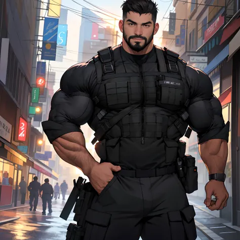 Best quality, masterpiece, super high resolution, detailed background, realistic, illustration, single, 1 boy, muscle man, beard, swat, street, muscular, facial hair, volumetric lighting, depth of field,black clothes