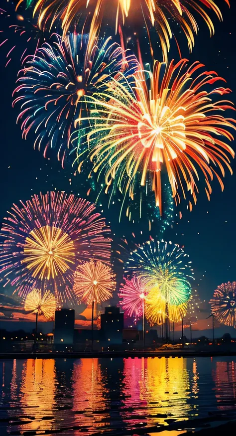 Huge fireworks show，Brilliant fireworks，Sky，outstanding，Colorful，Colorful colorful