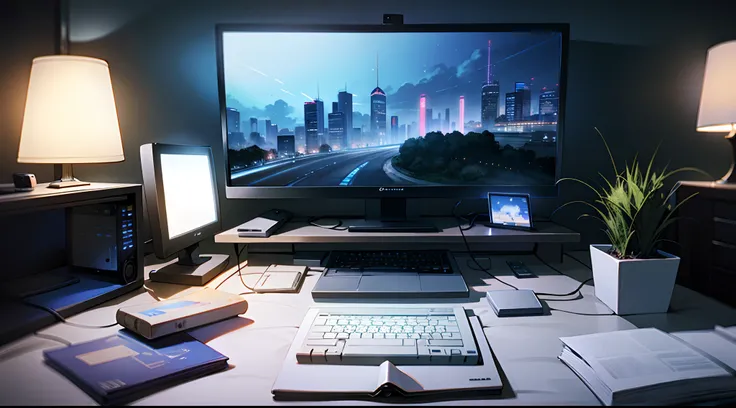 dark bedroom, night, computer desk, gentle shadows, sleek modern computer, screen illuminated, cold blue light, Wallpaper, highly detailed, anime landscape