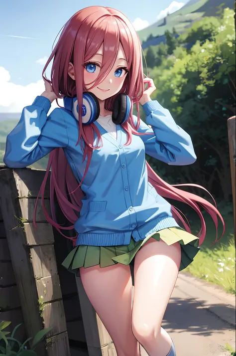 best quality, masterpiece, nice hands, perfect hands, Miku hiking, smile, small breasts, Blue Cardigan, county road,