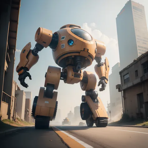 ((Best quality)), ((masterpiece)), orange robot, mecha, oval shape, round shape, no humans, white background, solo, science fiction, non-humanoid robot, standing on wheels, tank wheels, road wheels, blue window, urban background, soft light, one single can...