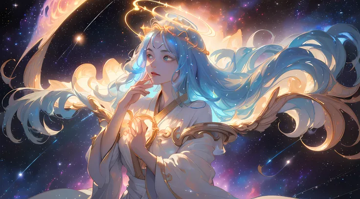 (((Masterpiece))), (((Best quality))), ((ultra-detailed)), (highly detailed CG illustration), ((an ethereal goddess)), (from a celestial perspective), celestial lighting, ((1 divine female character)), solo, full body, ((flowing robes made of stardust:1.2)...