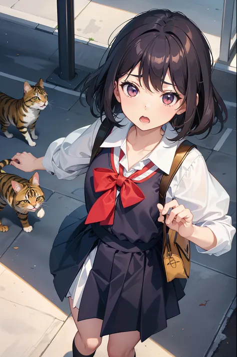 1 loli girl and 1 cat ,cute, school uniform, holding school bag , ((she chases the cat)),(flustered), (from above), background street, (masterpiece), ((best quality)), ((ultra-detailed)), (illustration), ((an extremely delicate and beautiful))