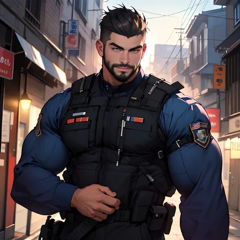 Best quality, masterpiece, super high resolution, detailed background, realistic, illustration, single, 1 boy, muscle man, beard, swat, street, muscular, facial hair, volumetric lighting, depth of field,black clothes