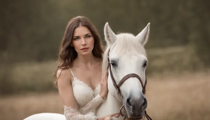 "a white mare, realistic, a woman, adult brown hair, realistic beautiful face sitting on the mare