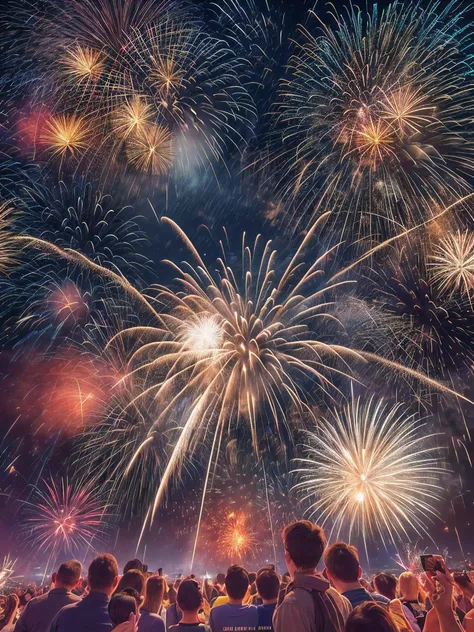 (best quality, 4k, 8k, highest, masterpiece:1.2), ultra-detailed, (realistic, photorealistic, photo-realistic:1.37), vibrant colors, explosive lights, colorful sparks, dazzling display, night sky, celebration, cheerful atmosphere, joyful, fireworks show, l...