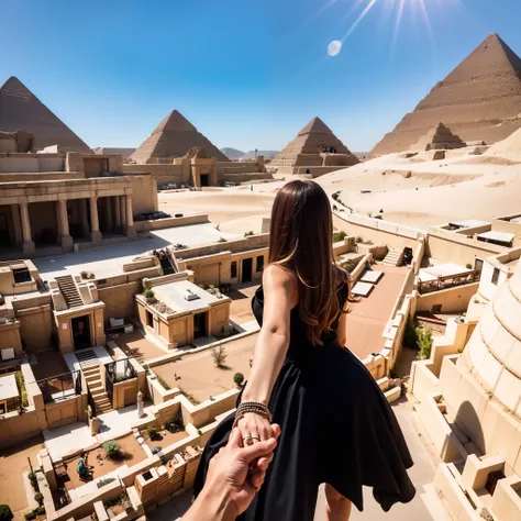 1girll，ultra - detailed，A high resolution，tmasterpiece，By_Style，bf_Holding_Hands，1 Girl holding hands with audience，Take a walk in the Egyptian pyramids