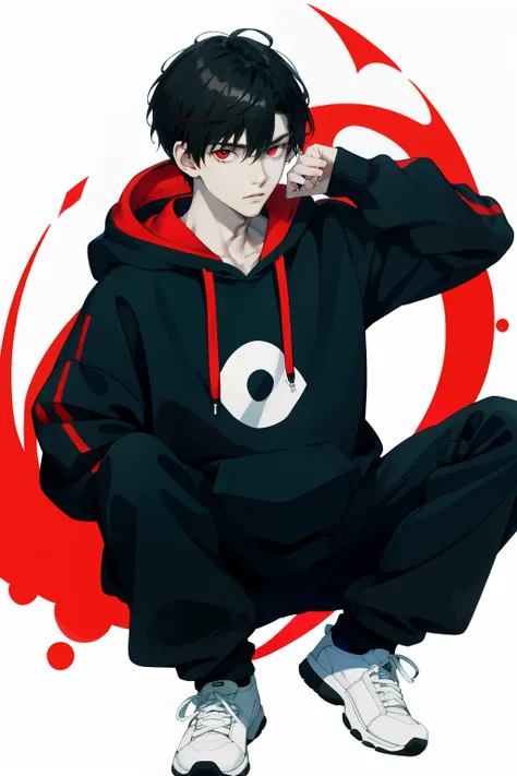 White-skinned young man in his mid-16s, Red Eyes, Black hair,Double bangs in hoodie