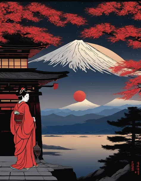 mount fuji, Brilliant fireworks, (night:1.5), red moon, a beautiful woman looking up, komon, ukiyo-e,