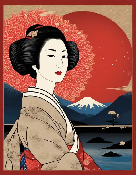 mount fuji, Brilliant fireworks, (night:1.5), red moon, a beautiful woman looking up, komon, ukiyo-e,